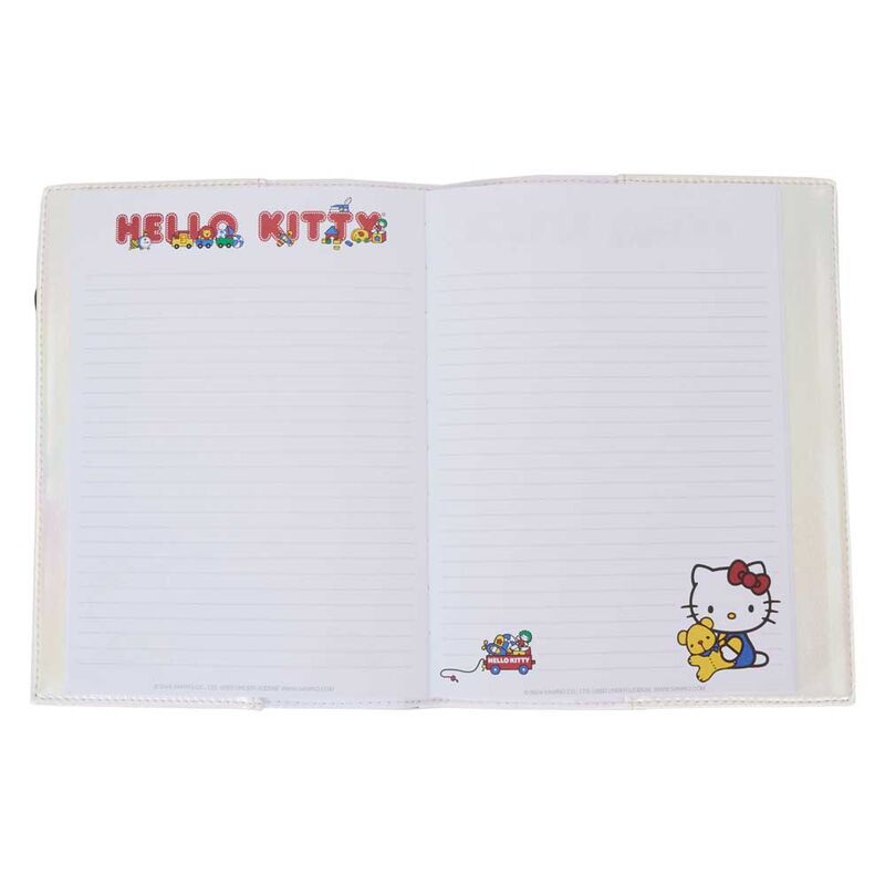 Détail du carnet Hello Kitty avec appliqués et imprimés en faux denim sur cuir vegan Loungefly