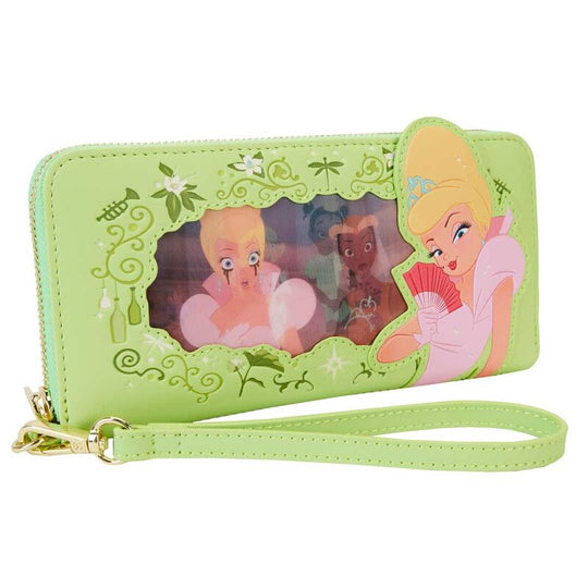 Zoom sur la fermeture éclair dorée brillante et la sangle détachable du portefeuille Loungefly La Princesse et la Grenouille