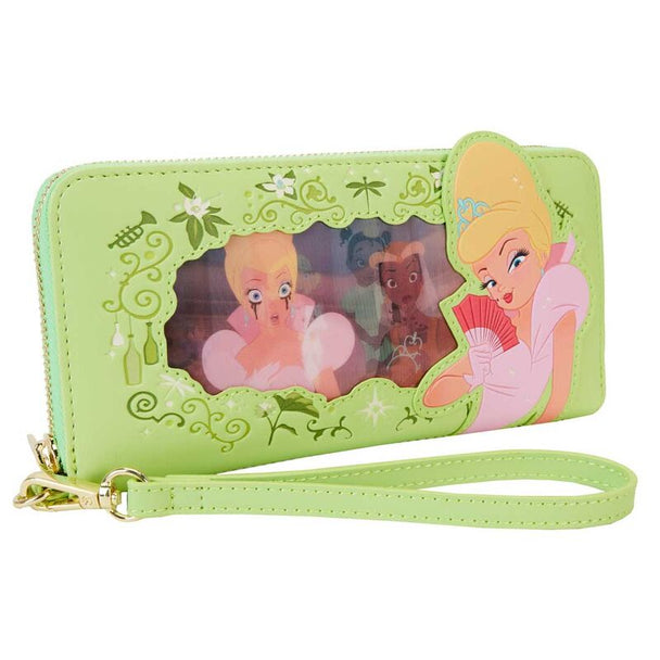 Zoom sur la fermeture éclair dorée brillante et la sangle détachable du portefeuille Loungefly La Princesse et la Grenouille