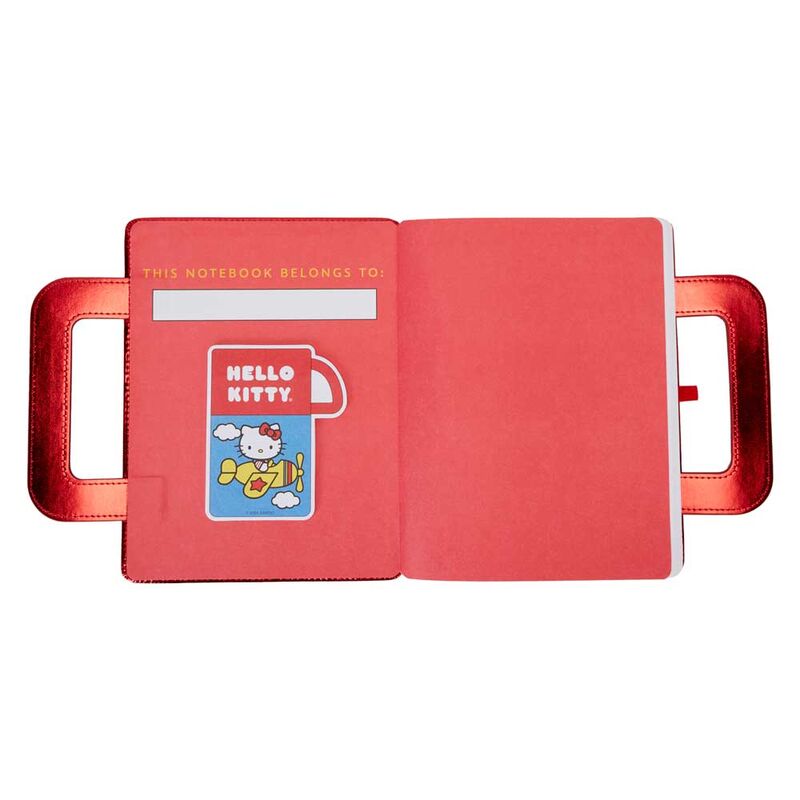 Carnet ouvert montrant les pages intérieures avec notes adhésives incluses Hello Kitty 50e anniversaire