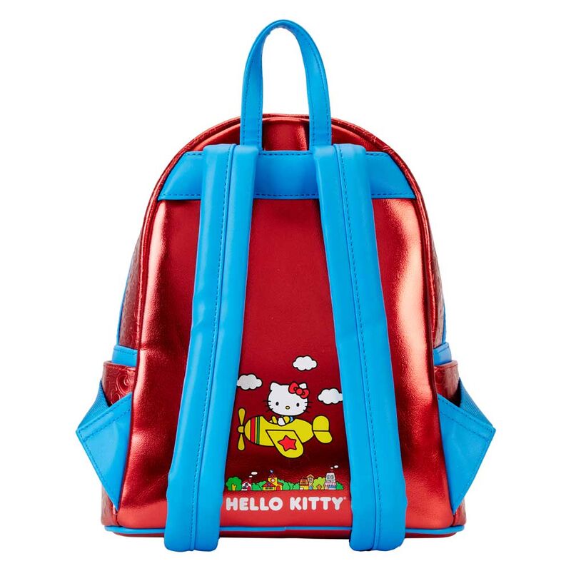 Détail des impressions et embossages colorés sur le cuir vegan du sac à dos Hello Kitty 50e Anniversaire