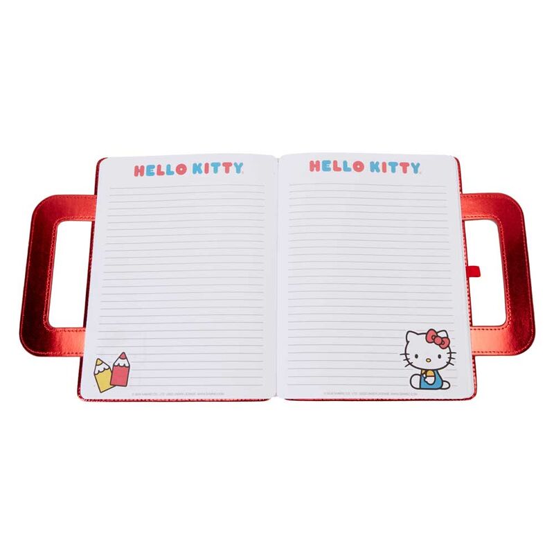 Packaging original du carnet Loungefly Hello Kitty 50 ans avec illustrations imprimées et notes adhésives