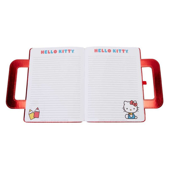 Packaging original du carnet Loungefly Hello Kitty 50 ans avec illustrations imprimées et notes adhésives