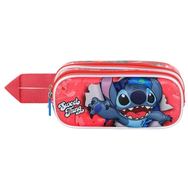 Trousse double Stitch Disney 3D embossée vue de face avec fermeture éclair fermée.