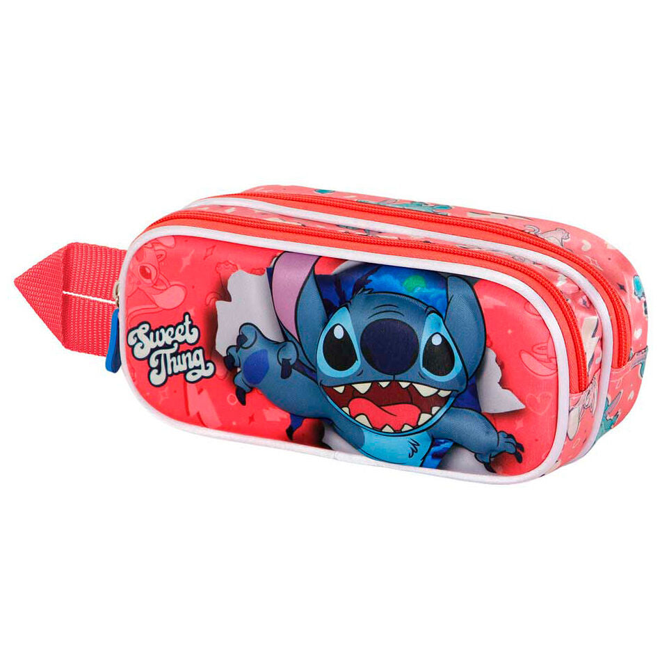 Intérieur doublé de la trousse Stitch avec les deux compartiments ouverts et visibles.