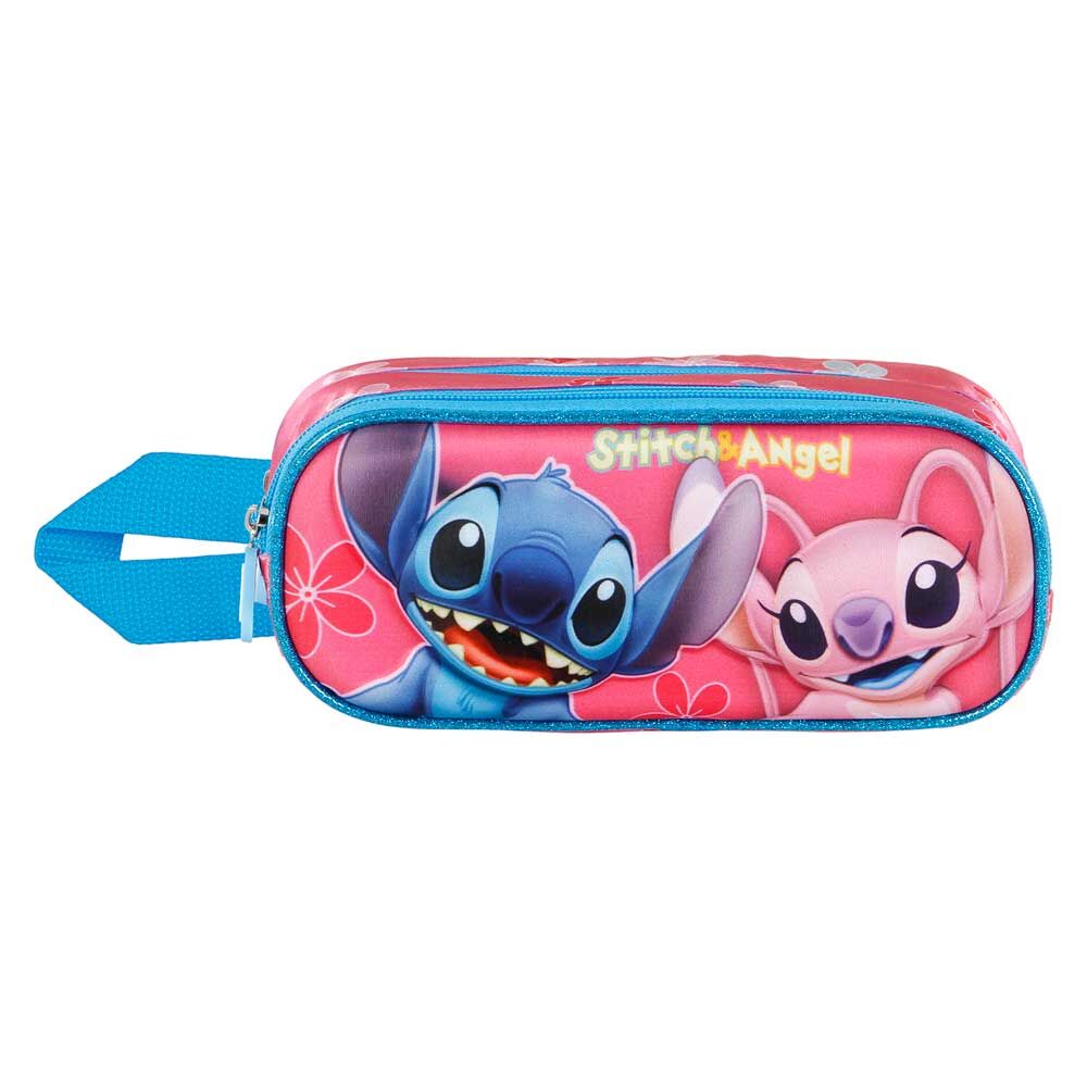 Vue de face de la trousse double Disney Stitch 3D avec fermeture éclair et détails embossés