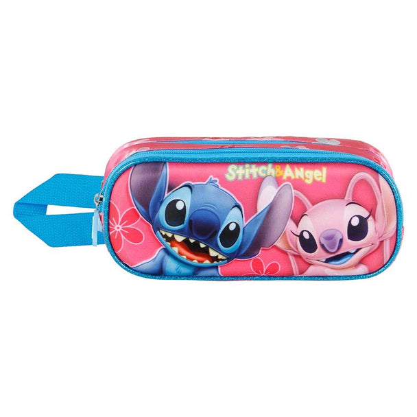 Vue de face de la trousse double Disney Stitch 3D avec fermeture éclair et détails embossés