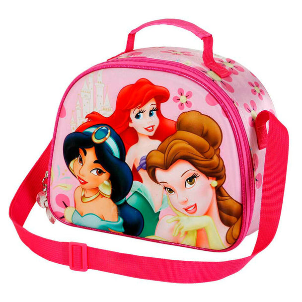 Vue latérale du sac à déjeuner Disney avec bandoulière réglable en tissu rose
