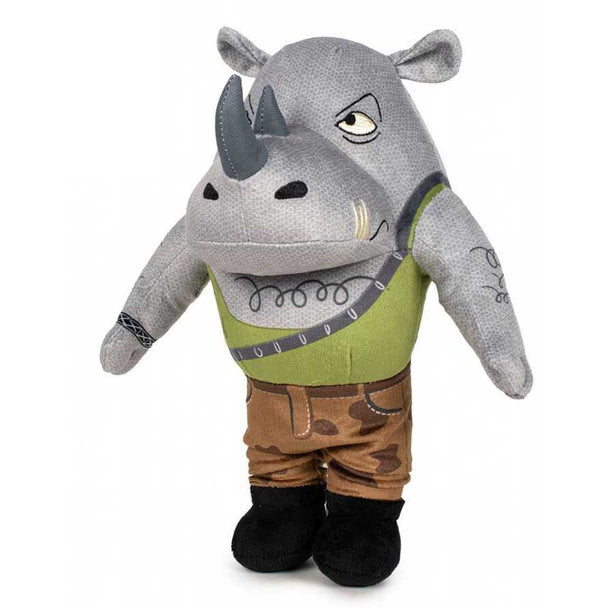 Peluche Rocksteady de 28 cm issue de Ninja Turtles Mutant Mayhem, marque PLAY BY PLAY, vue de face sur fond blanc.