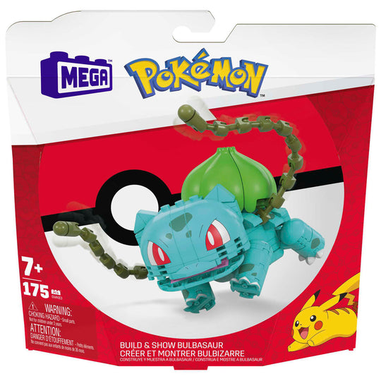 Image rapprochée des pièces du set Bulbasaur MEGA Construx montrant la texture et la qualité des blocs.