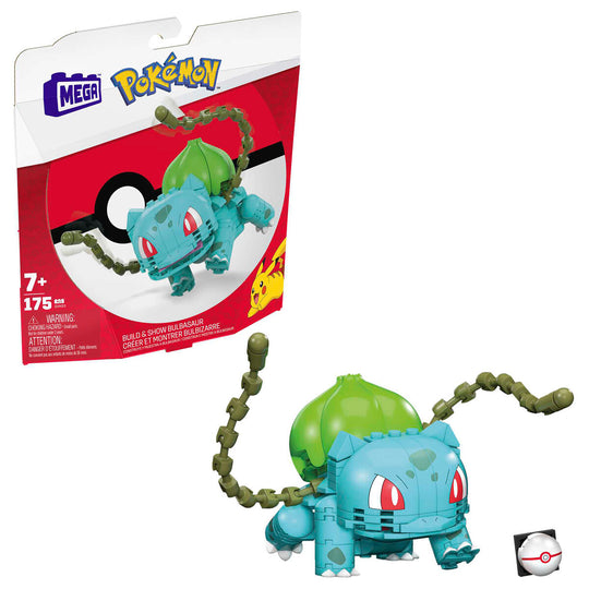 Vue de face de la figurine Bulbasaur MEGA Construx avec ses détails articulés et blocs colorés.