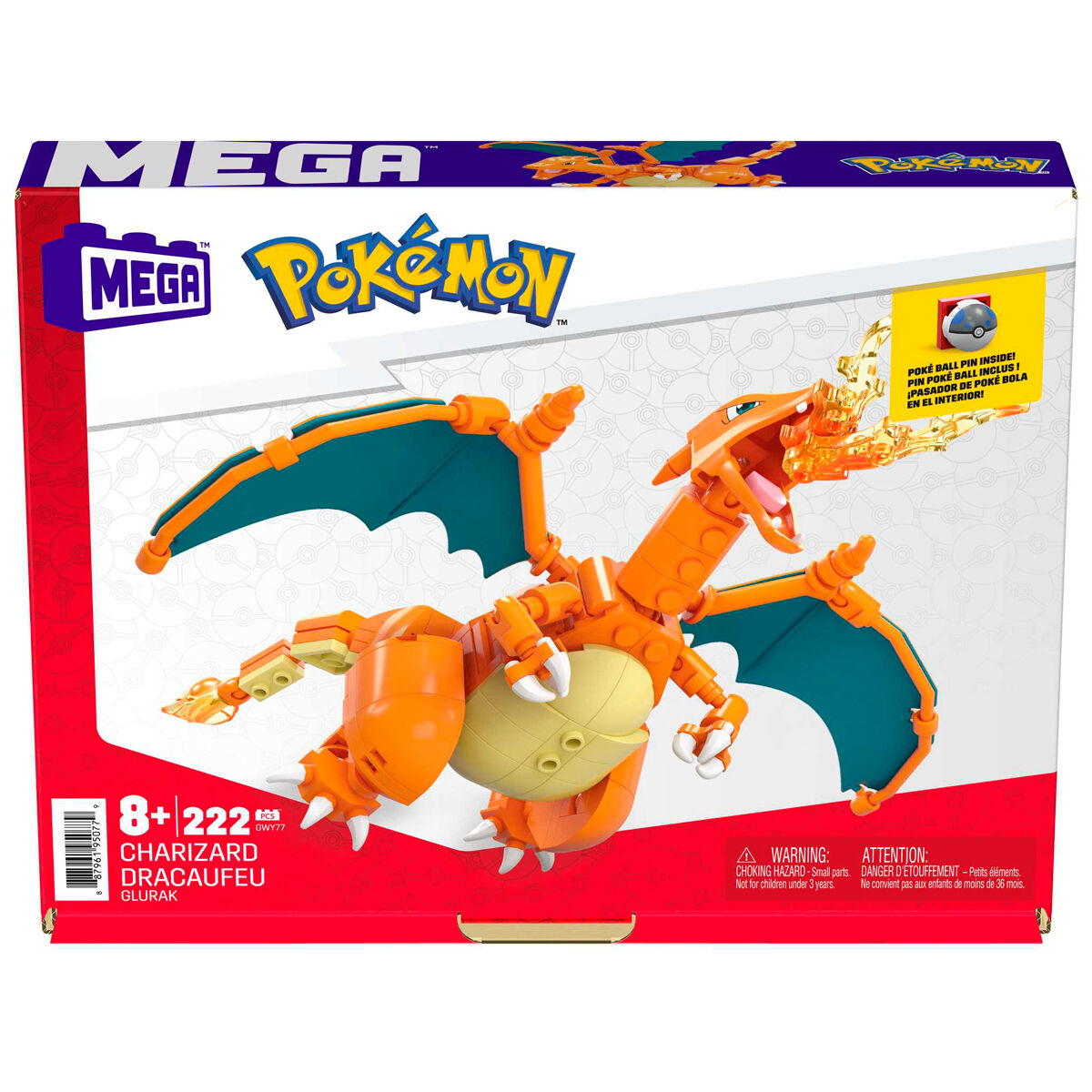 Figurine articulée de Charizard montée, montrant ses ailes déployées et effets de feu