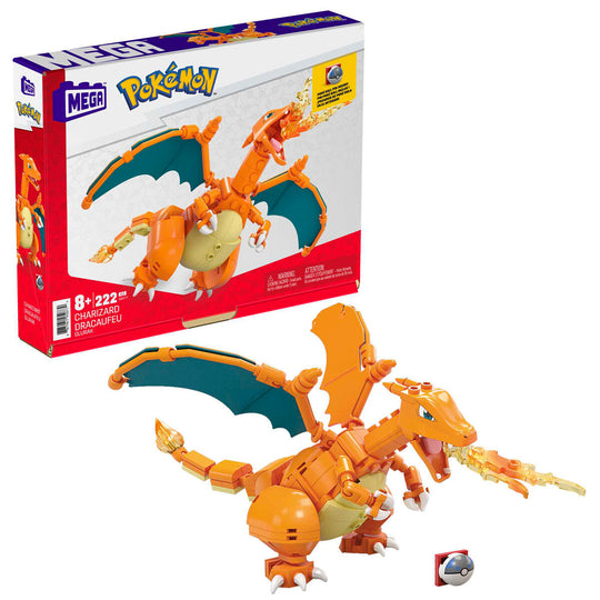 Boîte du set Mega Construx Pokémon Charizard avec illustration colorée et logo Mattel