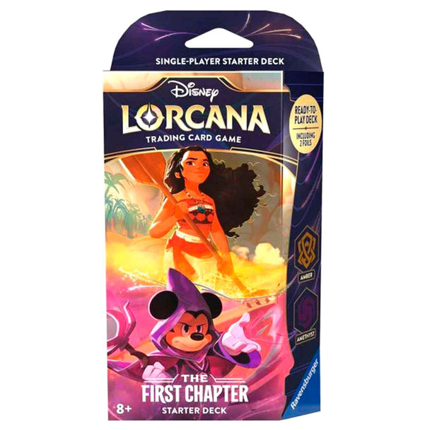 Boîte d'affichage contenant plusieurs decks assortis de cartes Lorcana Disney en anglais