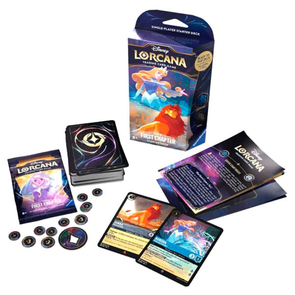 Collection de cartes Lorcana Disney The First Chapter présentée sur une table avec éclairage naturel