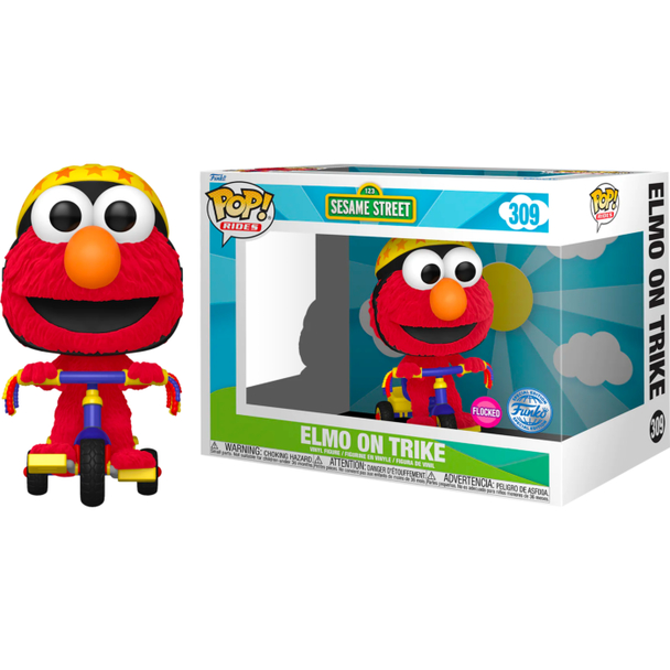 Figurine Funko POP exclusive d'Elmo sur tricycle avec finition flocked, parfaite pour les collectionneurs Sesame Street.