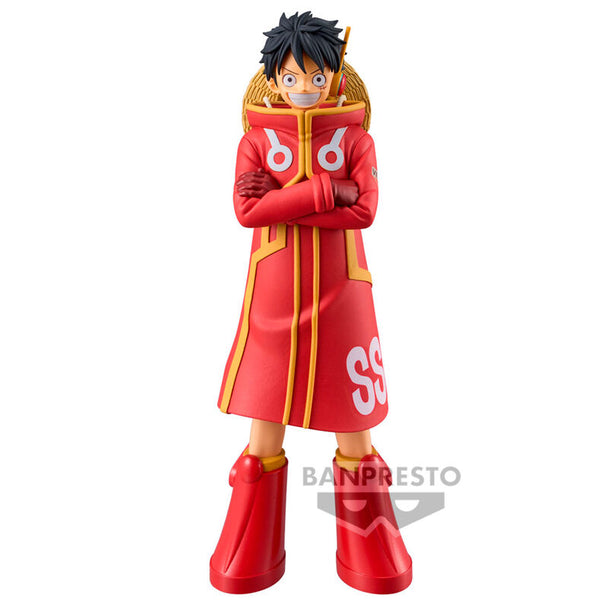 Figurine Monkey D Luffy de 16 cm issue de la série Grandline One Piece par BANPRESTO, vue de face avec détails précis.