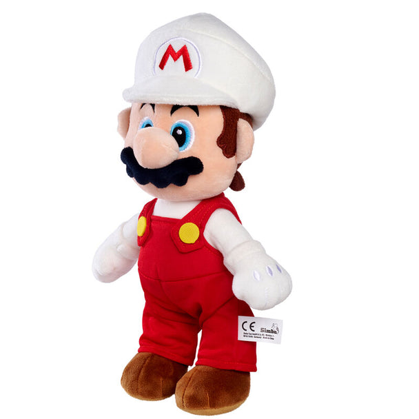 Peluche Mario Fire 30cm de SIMBA représentant le personnage iconique de Super Mario Bros en tenue de feu, vue de face.