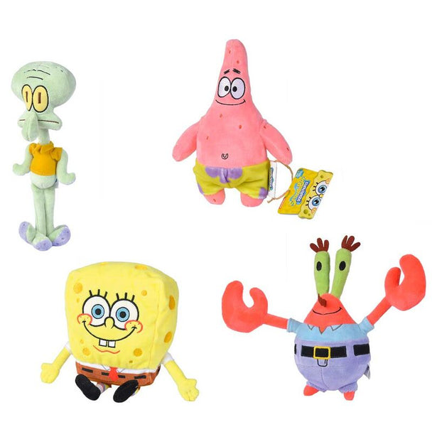 Peluches SpongeBob assorties de 20 cm montrées sur fond blanc avec détails colorés