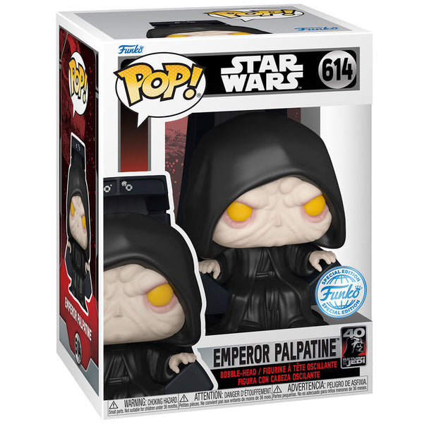 Boîte de la figurine POP Emperor Palpatine exclusive FUNKO avec illustrations et logos Star Wars