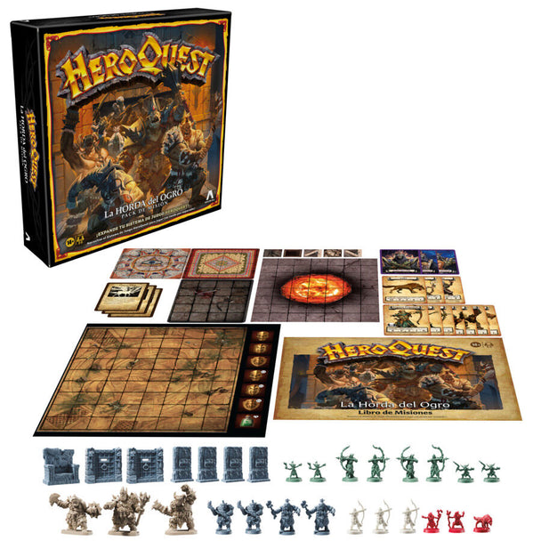 Boîte de l'extension Heroquest The Ogre Horde en espagnol par HASBRO avec illustration d'ogres menaçants