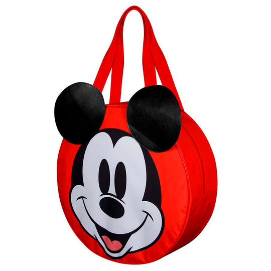 Zoom sur le motif Mickey Mouse imprimé sur le sac de plage coloré
