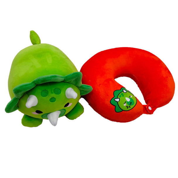 Coussin de voyage en forme de dinosaure Adorasaurs avec peluche douce et oreiller amovible PUCKATOR, parfait pour enfants et voyages.