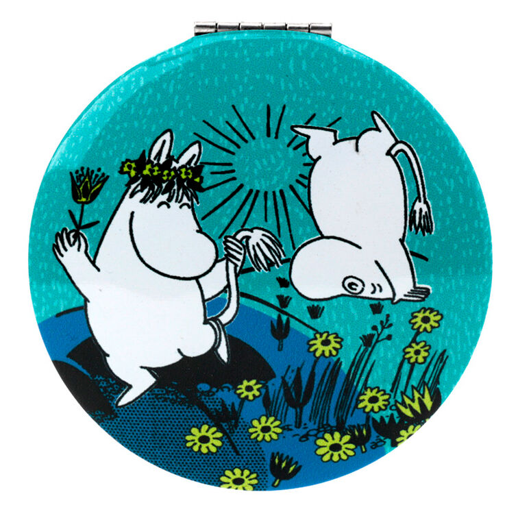 Miroir compact Moomin PUCKATOR posé sur une surface blanche, dimensions 6,5x6,5 cm