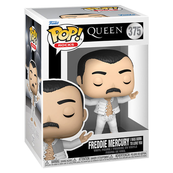 Vue rapprochée de la figurine Funko POP Freddie Mercury représentant le chanteur de Queen en tenue iconique
