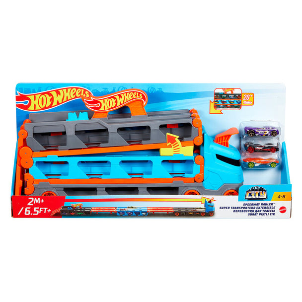 Camion Hot Wheels Speedway Hauler vu de face avec piste déployée et voitures incluses