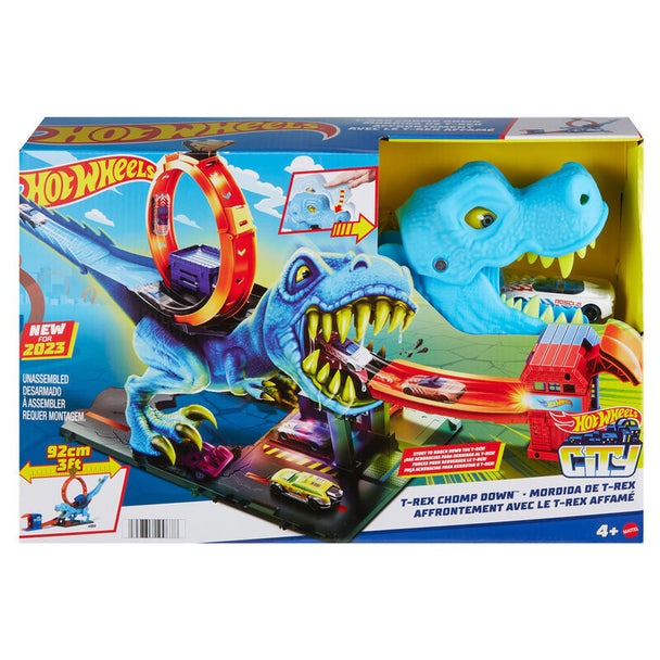 Vue d'ensemble du circuit Hot Wheels T-Rex Chomp Down avec dinosaure et voiture sur fond blanc