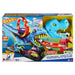 Vue d'ensemble du circuit Hot Wheels T-Rex Chomp Down avec dinosaure et voiture sur fond blanc