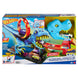 Vue d'ensemble du circuit Hot Wheels T-Rex Chomp Down avec dinosaure et voiture sur fond blanc