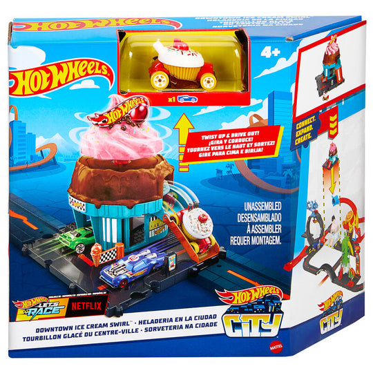 Circuit Hot Wheels City Ice Cream Swirl avec rampe et spirale pour lancer la voiture.