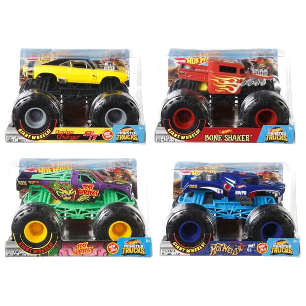 Détail des roues imposantes d'un Monster Truck Hot Wheels prêt pour la course.
