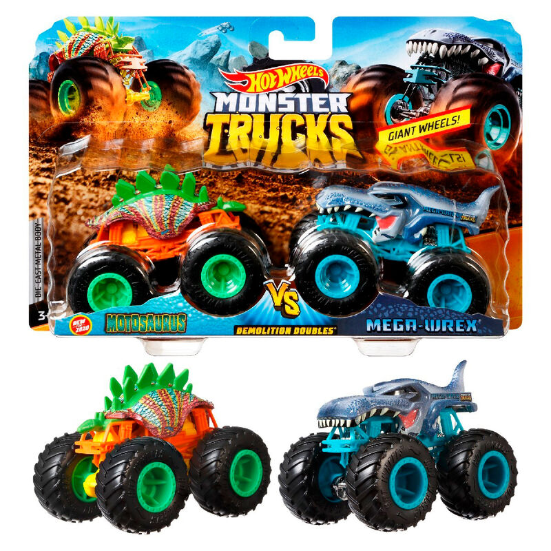 Deux Monster Trucks Hot Wheels prêts pour une bataille de démolition intense.