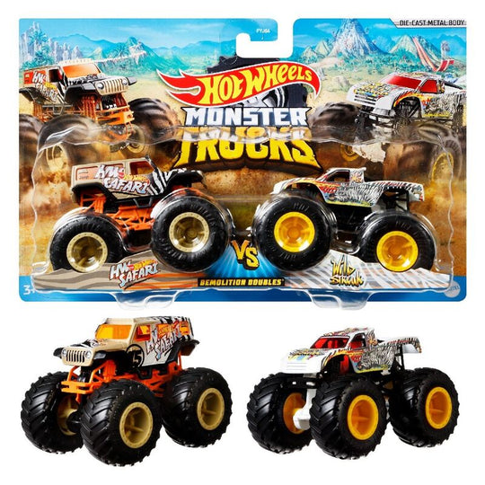 Boîte du pack Hot Wheels Monster Trucks montrant les informations sur la force et l'attaque.