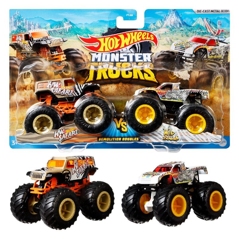 Boîte du pack Hot Wheels Monster Trucks montrant les informations sur la force et l'attaque.
