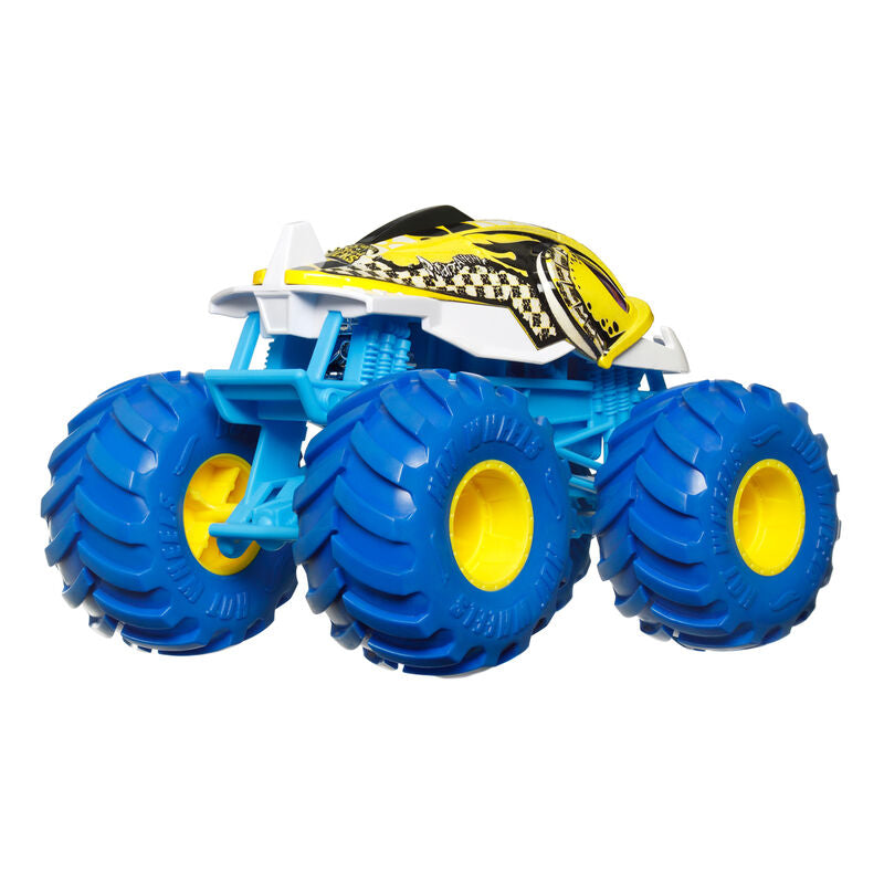 Hot Wheels Monster Truck vert avec motifs agressifs et grandes roues tout-terrain.