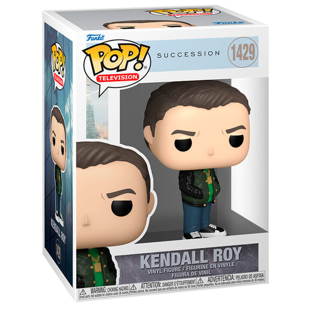 Zoom sur la figurine Funko POP Kendall Roy en vinyle de 9 cm, montrant les détails du visage et des vêtements.