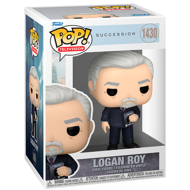 Vue rapprochée de la figurine Funko POP Logan Roy, montrant les détails soignés du visage et de la tenue du personnage.