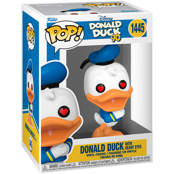 Figurine Funko POP Donald Duck 90e Anniversaire Disney de 9 cm avec yeux en forme de cœur vue de face dans sa boîte cadeau