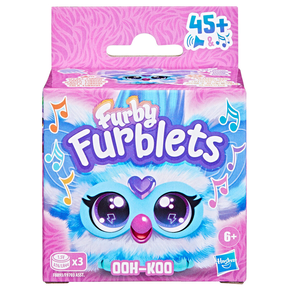 Mini Furby Furblet Ooh Koo de 10 cm montrant la gemme en forme de cœur sur la poitrine qui active la musique