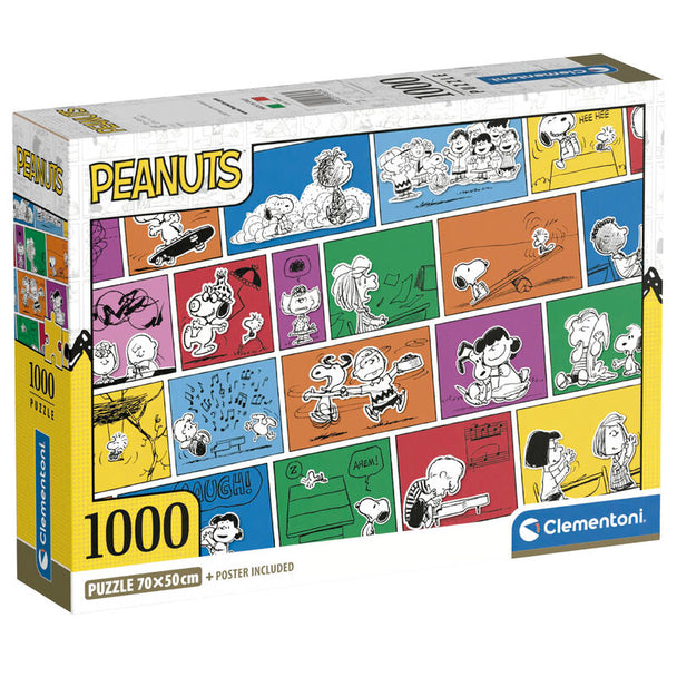 Puzzle Peanuts 1000 pièces CLEMENTONI, illustration colorée et détaillée, dimensions 70x50 cm.