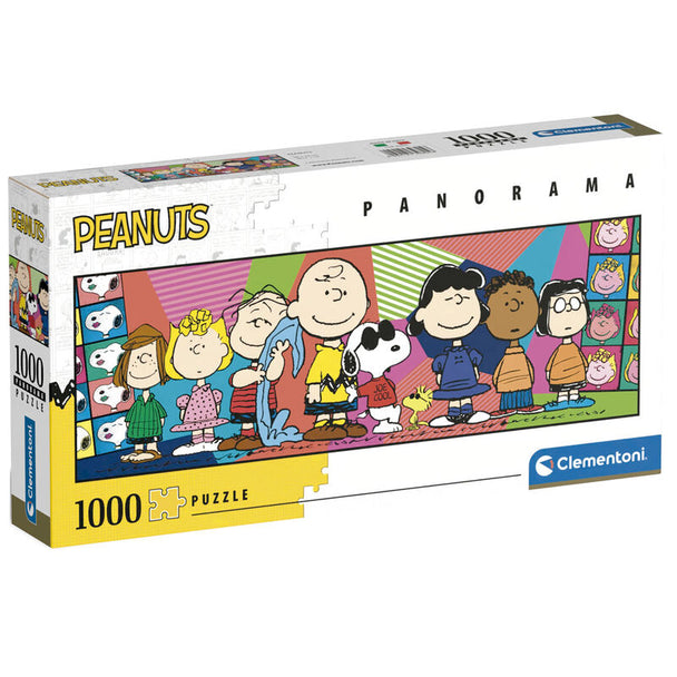 Puzzle panoramique Peanuts 1000 pièces CLEMENTONI assemblé montrant une scène colorée de la bande dessinée avec Charlie Brown et Snoopy.