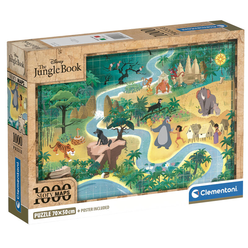 Puzzle 1000 pièces Disney Le Livre de la Jungle représentant une carte colorée de 70x50 cm signée CLEMENTONI.