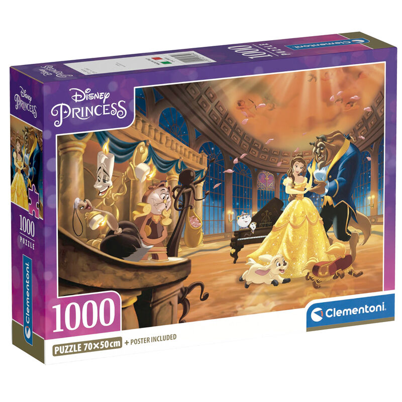 Puzzle Disney La Belle et la Bête 1000 pièces CLEMENTONI avec illustration colorée et détaillée, dimensions 70x50 cm.