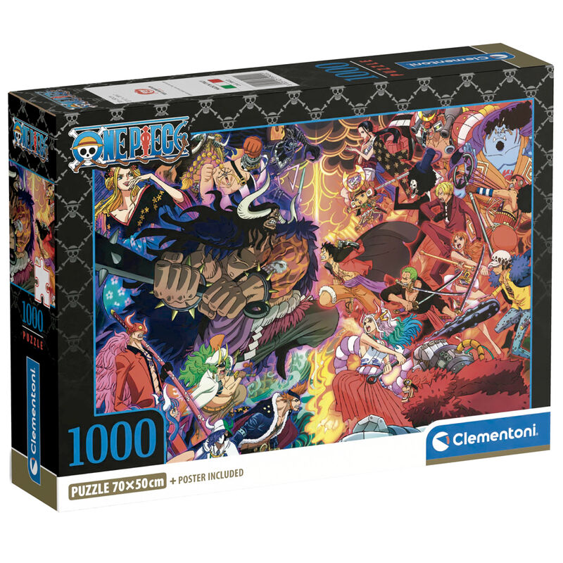 Puzzle One Piece 1000 pièces de CLEMENTONI avec une image colorée des personnages de la série, dimensions 70x50 cm.