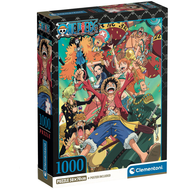 Puzzle One Piece 1000 pièces de CLEMENTONI affichant une image colorée et détaillée de la série animée, dimensions assemblé 70x50 cm.