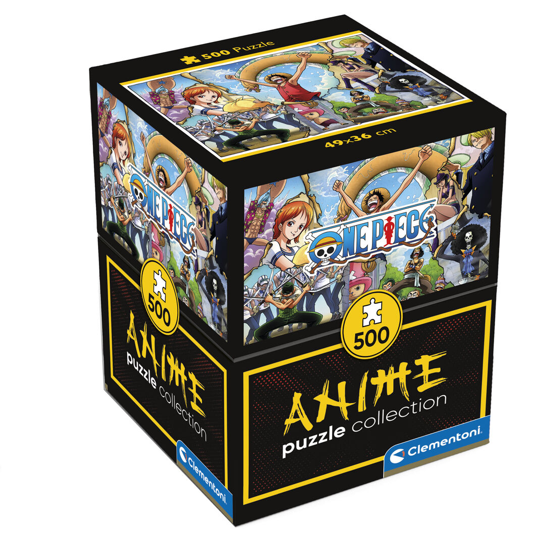 Puzzle One Piece 500 pièces CLEMENTONI avec image colorée et dimensions 49x36 cm, parfait pour les fans d'anime.